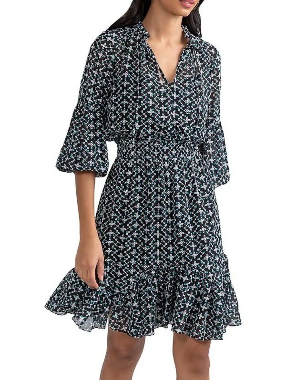 Shoshanna Mira Printed Eyelet Smocked Waist Tiered Ruffle Mini Dress Size 10